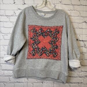 Patchwork Quilt Graphic Sweatshirt Gray Crewneck Large Cottagecore M/L
